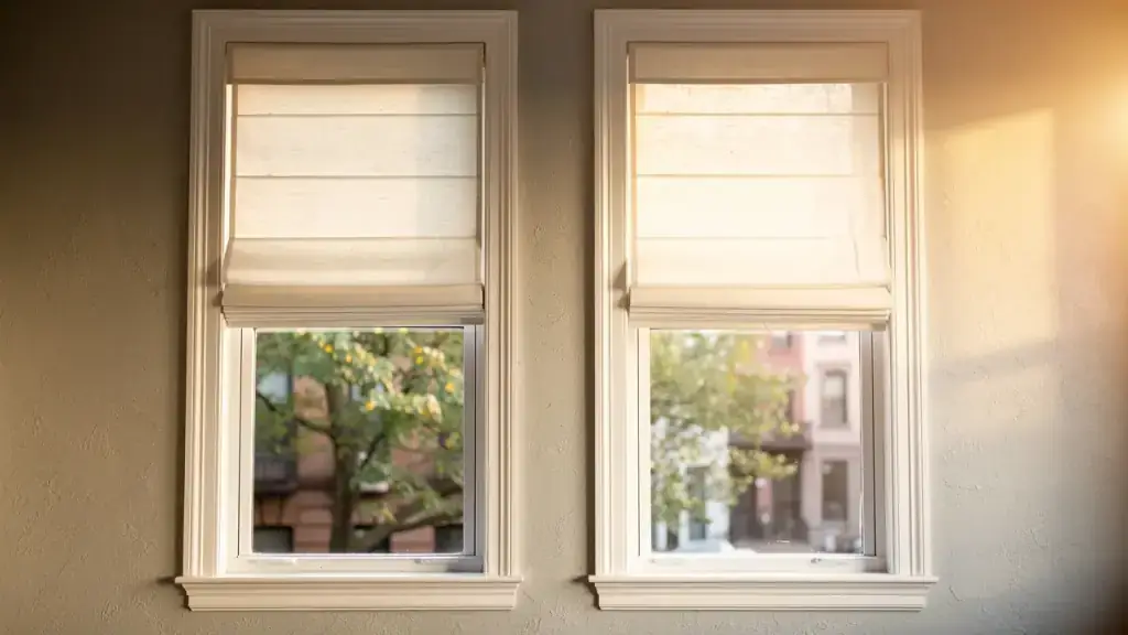 Two tall windows with cream linen Roman shades half raised and street trees outside