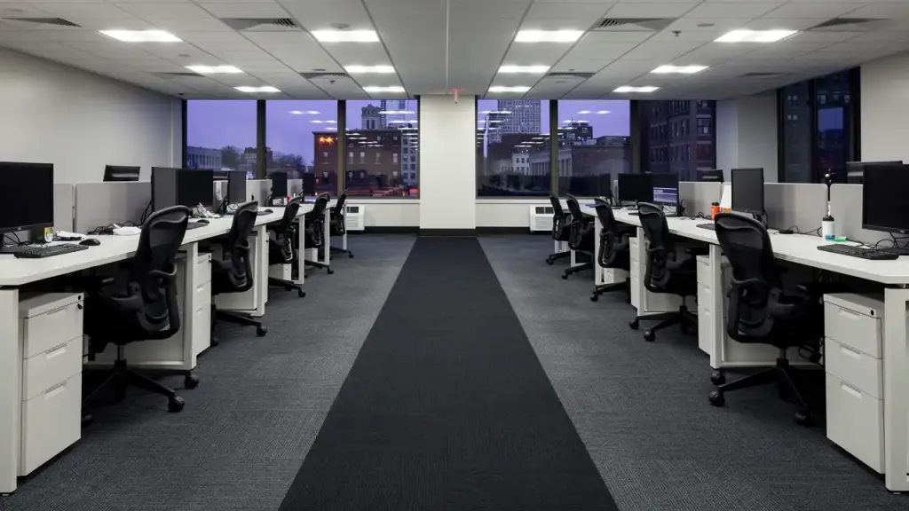 Open-plan office after hours with dark carpet tiles and a long runner down the aisle