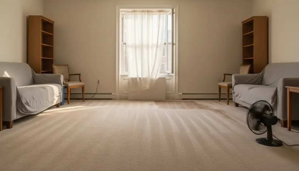 Living room after a clean: pale carpet groomed into parallel lanes, a sash window open and a small fan running