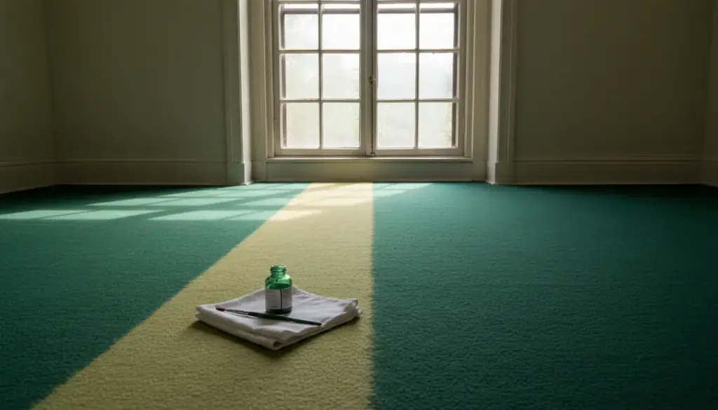 Deep green wool carpet with a sun-faded strip along the window and a dye bottle on a cloth