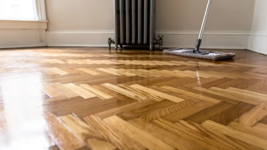 Freshly cleaned oak herringbone floor with a radiator and a flat mop against the wall