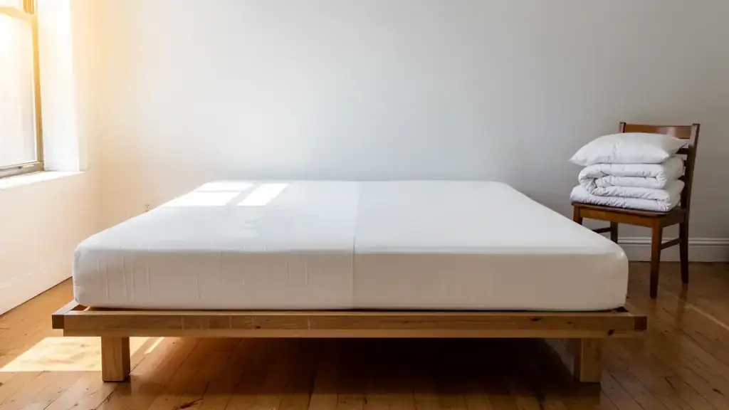 Bare white mattress on a wooden platform bed in a sunlit bedroom