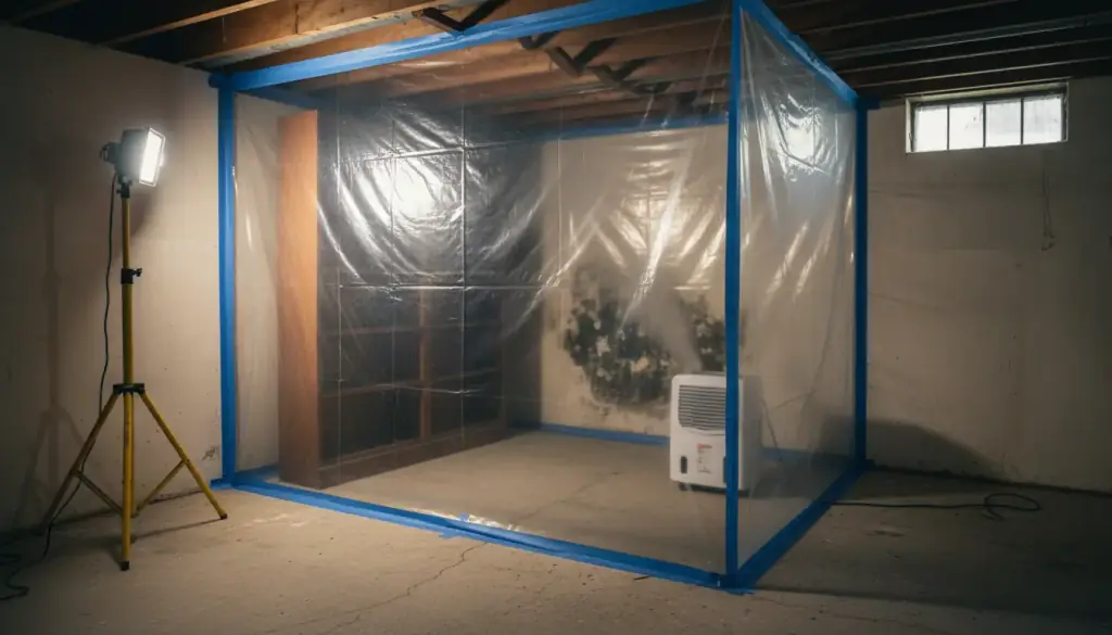 Basement corner sealed in clear plastic sheeting with mildew on the wall and a dehumidifier
