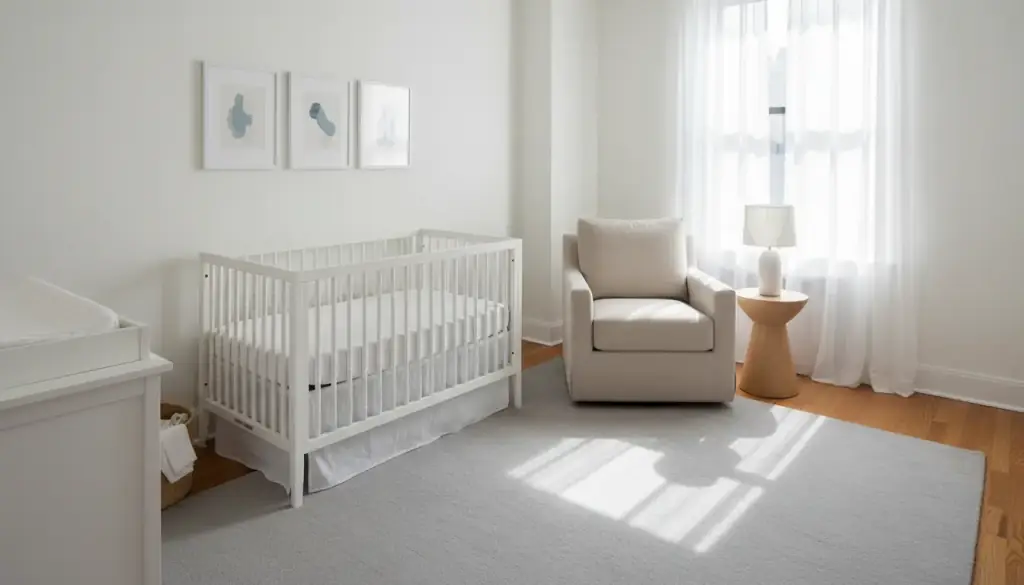 Nursery with a white crib, a linen armchair and a pale grey rug in morning light