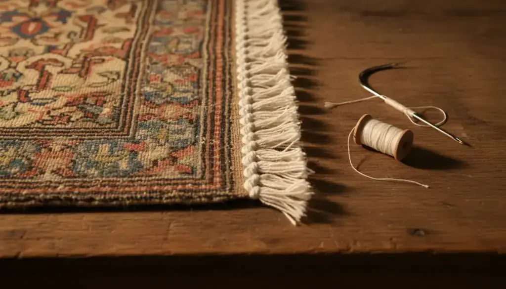 Oriental rug end on a wooden bench with cotton fringe, a curved needle and a spool of thread